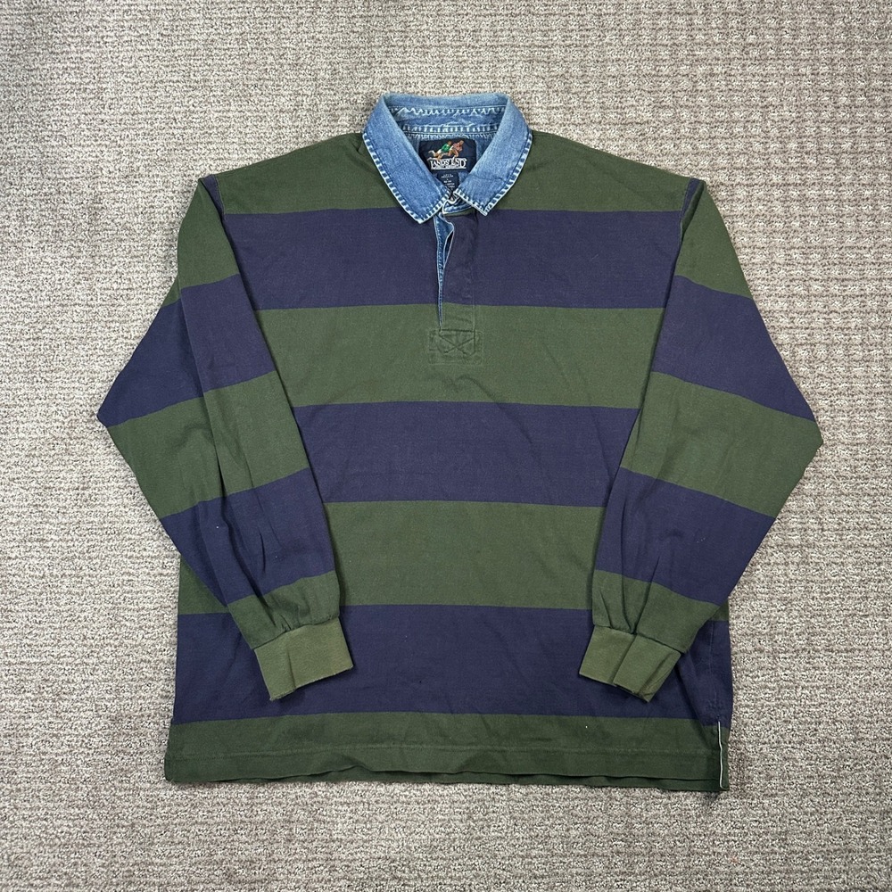 Vintage Lands End Rugby Shirt Mens Large Green Navy Striped Denim Collar Cotton